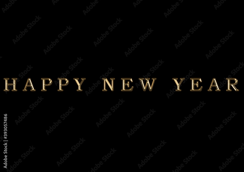 Happy New Year gold letters effect on black background.