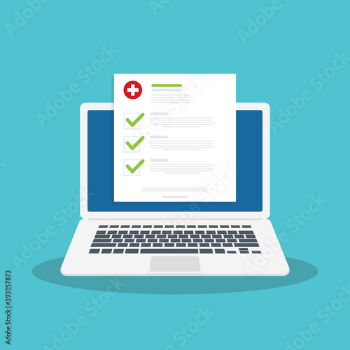 Medical prescription online or digital medicine test results with approved check mark form on laptop , computer with clinic checklist, flat cartoon modern vector illustration.