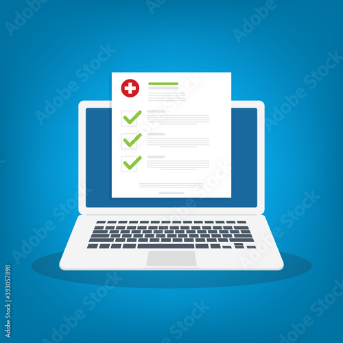 Medical prescription online or digital medicine test results with approved check mark form on laptop , computer with clinic checklist, flat cartoon modern vector illustration.