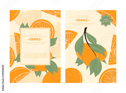 Fresh textured orange fruits on branch with leaves vector hand drawn card design.