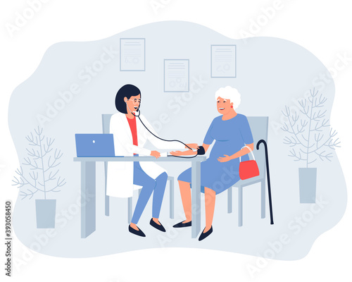 The therapist measures the blood pressure of aged woman. For older people, blood pressure needs to be measured. A pensioner is consulted by a doctor. Flat vector illustration.