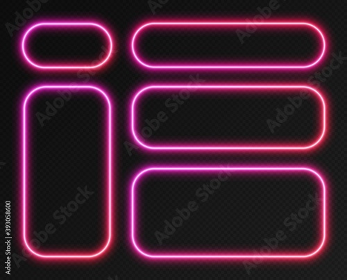 Neon gradient frames set, collection of pink-red glowing rounded rectangle borders isolated on a dark background. Colorful night banners, bright illuminated shapes, retro style vector light effect.