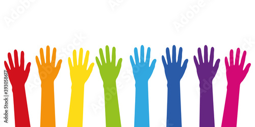 colorful raised hands in rainbow colors isolated on white vector illustration EPS10