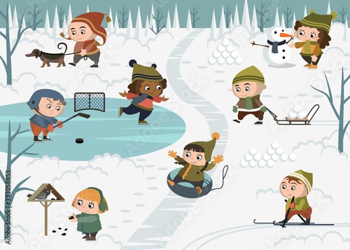 Winter outdoor activities with children and a snowman. In winter, children play snowballs, sled downhill, walk, feed birds, play hockey and skate outdoors.