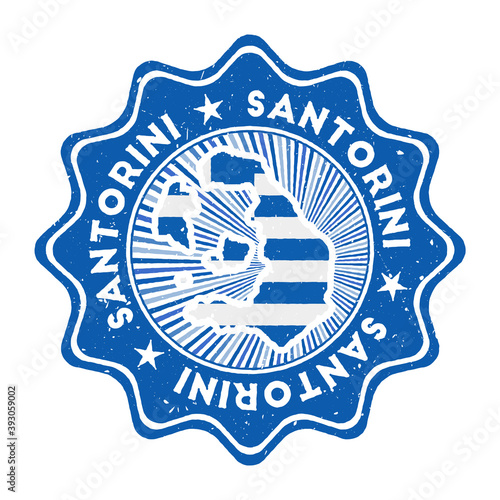 Santorini round grunge stamp with island map and country flag. Vintage badge with circular text and stars, vector illustration.