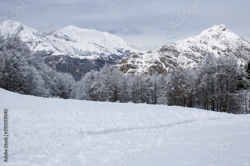 Winter. Panoramic view of mountain with a lot of snow in Italy, Lombardy.