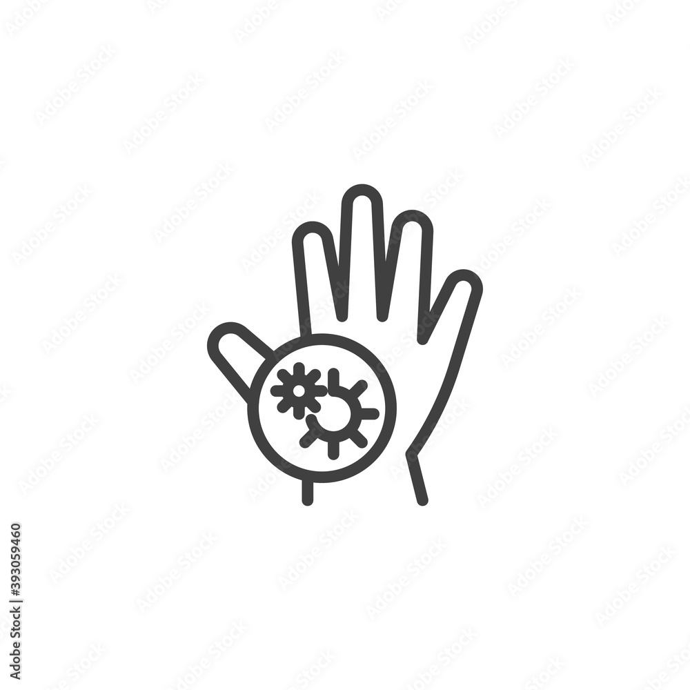 Human hand with virus infection line icon. linear style sign for mobile concept and web design. Stop coronavirus outline vector icon. Symbol, logo illustration. Vector graphics Human hand with virus infection line icon. linear style sign for mobile concept and web design. Stop coronavirus outline vector icon. Symbol, logo illustration. Vector graphics