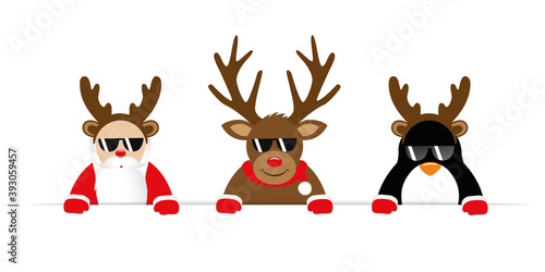 funny christmas cartoon with cute reindeer santa and penguin with sunglasses and antler vector illustration EPS10