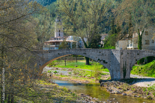 Medieval bridge, Muga river, Sant Llorenç de la Muga village, Muga Albanyà Nature Reserve, Albanyà Valley, Alt Empordà region, Girona Province, Catalonia, Spain photo