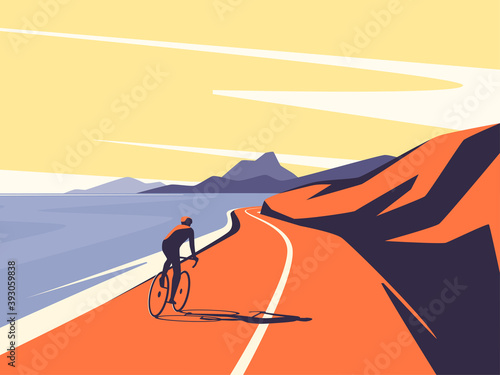 Vector illustration of a cyclist riding along the ocean mountain road