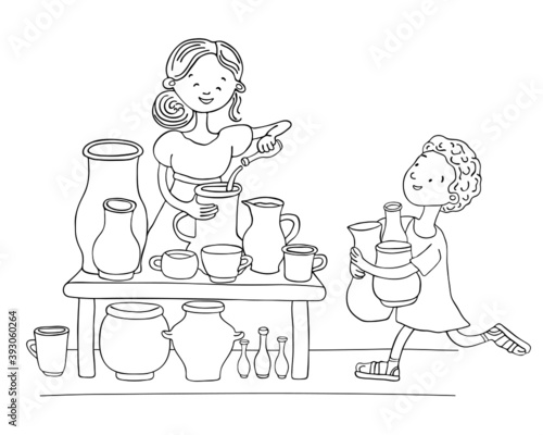 Biblical cheerful illustration of a widow from Zarepta. Miracle with oil. The woman is a widow and her son. A jug cruses of oil. Bible old testament 1 Kings. Elijah. Cute kids coloring Sunday school.