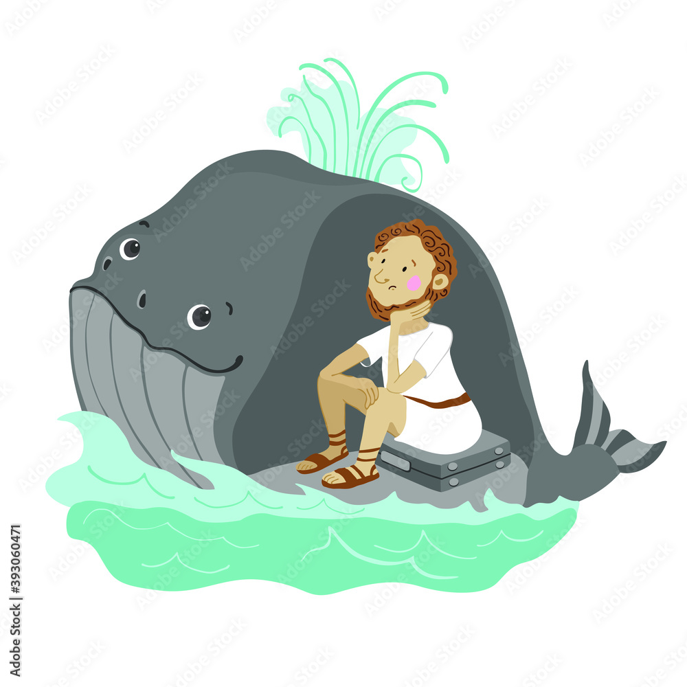 Vector biblical illustration with Jonah and the whale. Jonah prayed