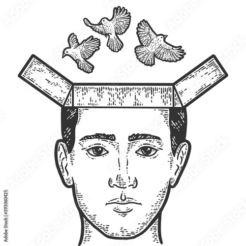 Thoughts fly out of the man head like birds from box. Engraving vector illustration.