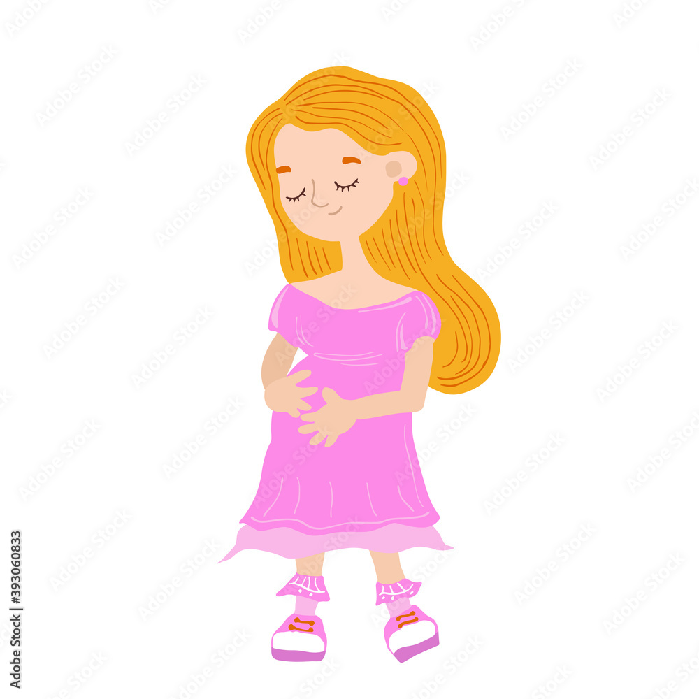 Pregnant blonde european girl. Cute isolated illustration with happy expectant mom. Motherhood. Cartoon vector character in a kind childish style hand drawn. Young caring tender mother in a pink dress Pregnant blonde european girl. Cute isolated illustration with happy expectant mom. Motherhood. Cartoon vector character in a kind childish style hand drawn. Young caring tender mother in a pink dress