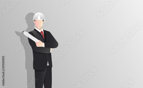 Businessman wearing helmet and holding a blue print paper concept. Business project symbol vector illustration