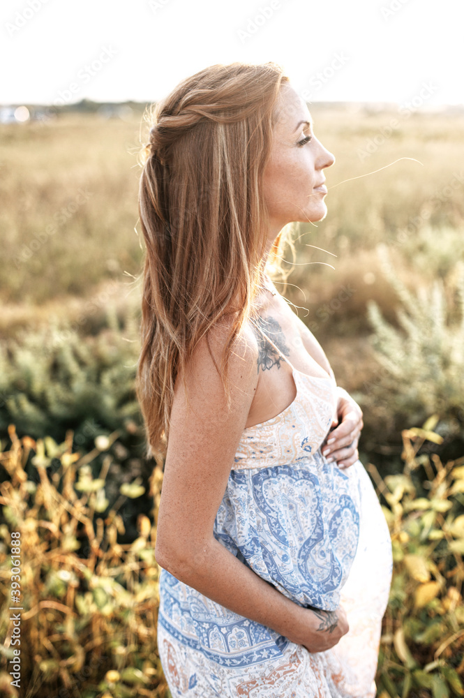 Profile view of the winsome red haired pregnant woman in long summer dress walking on the meadow. Profile view of the winsome red haired pregnant woman in long summer dress walking on the meadow.