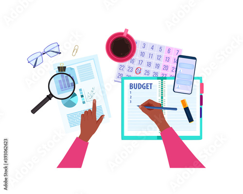 Financial audit or personal budget planning vector concept with hands, notepad, magnifier, calendar. Business risk analysis tax report cartoon clipart. Budget planning accounting flat lay illustration