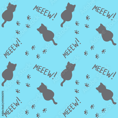 Cute seamless pattern with cats, steps and mew quote. Grey and blue colors. Doodle cartoon style. Modern abstract design for packaging, paper, cover, fabric, cards, textile. Vector illustration