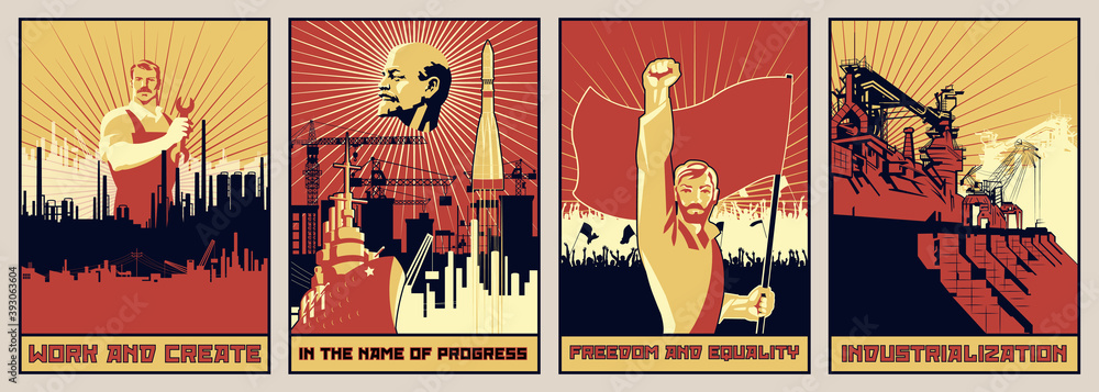Valokuva Old Soviet Propaganda Posters Style, Labor, Revolution, Progress -  tilaa netistä Europosters.fi