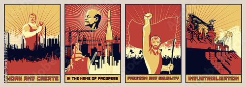 Old Soviet Propaganda Posters Style, Labor, Revolution, Progress photo