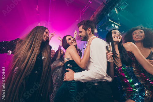 Photo of people meeting dance enjoy guy flirt with woman wear trendy stylish outfit modern club indoors