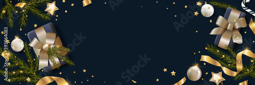 2021 Happy new year background vector. Christmas poster, Greeting cards, Website header and Banner design with sparkling, Luxury gifts box, balloon, gold confetti, snowflake and golden glitter.