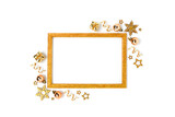 Glittering border frame made of gold Christmas toys and confetti on a white background. Monochrome festive layout with copy space.