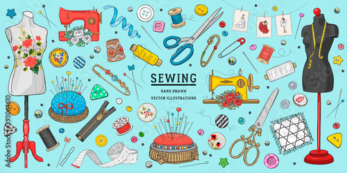 Vector hand drawn sewing retro set. Collection of highly detailed hand drawn sewing tools