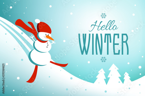 Winter background with happy snowman skiing down mountain slope and hello winter text message. Vector illustration