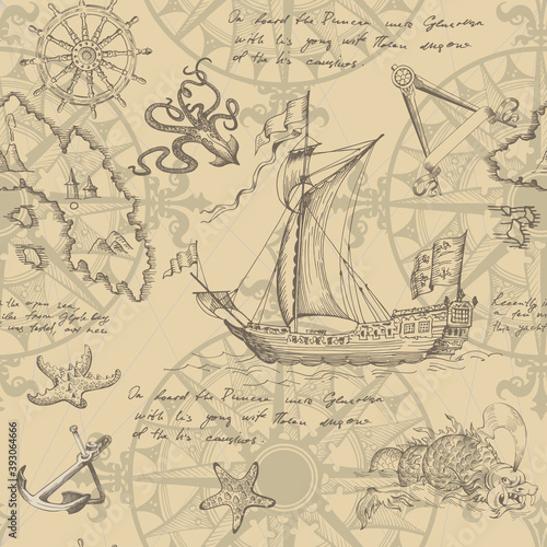 Old caravel, vintage sailboat, sea monster. Monochrome Hand drawn sketch. Seamless pattern for boy. Detail of the old geographical maps of sea.