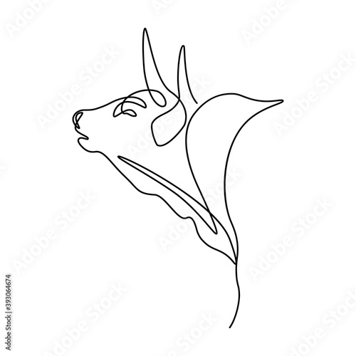 Ox in continuous line art drawing style. Bellowing bull portrait black linear sketch isolated on white background. Vector illustration