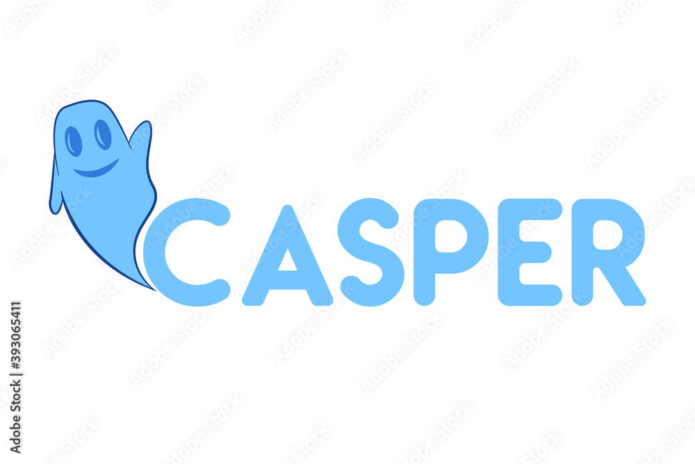 Casper lettering on a white background. Ghost in blue. Stylish inscription with a ghost.