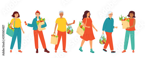 Collection women different ages and nationalities holding natural products. People with a grocery bag. Healthy fresh food, fruits and vegetables. Zero waste, vegetarianism.Isolated vector illustration