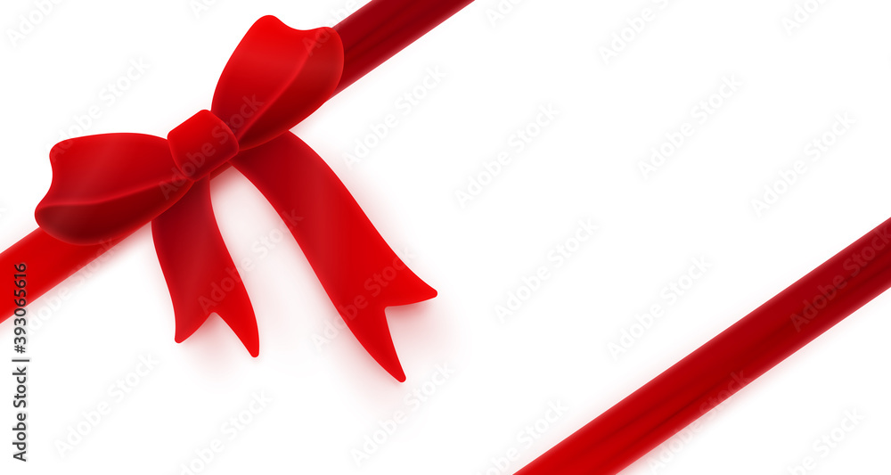 Banner with across horizontal red soft touch bow and ribbon with shadow. Holiday vector illustration for postcard, business card, decor, design, arts, party, sale, advertising. Banner with across horizontal red soft touch bow and ribbon with shadow. Holiday vector illustration for postcard, business card, decor, design, arts, party, sale, advertising.