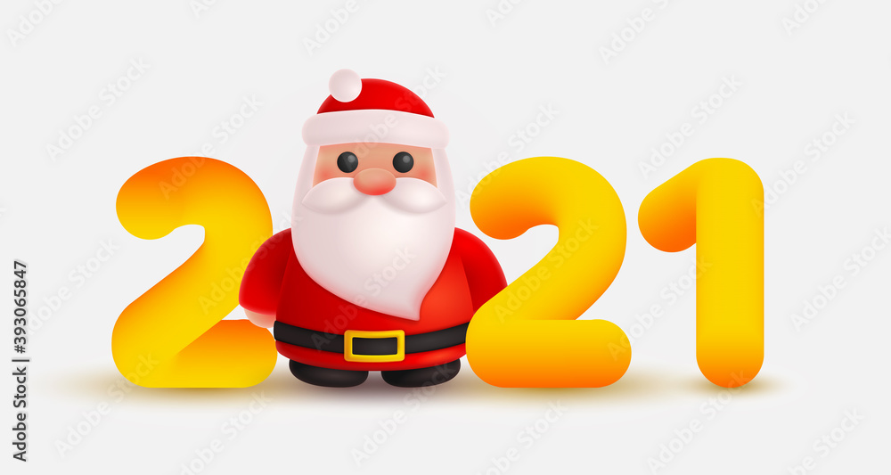 Christmas Santa Claus and gold, yellow numbers 2021 look like 3d rendering. Happy New Year illustration for postcard, banner, decor, design, arts on white background. Christmas Santa Claus and gold, yellow numbers 2021 look like 3d rendering. Happy New Year illustration for postcard, banner, decor, design, arts on white background.