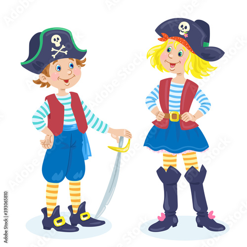 Cute girl and funny boy in pirate costumes. In cartoon style. Isolated on white background. Vector flat illustration.