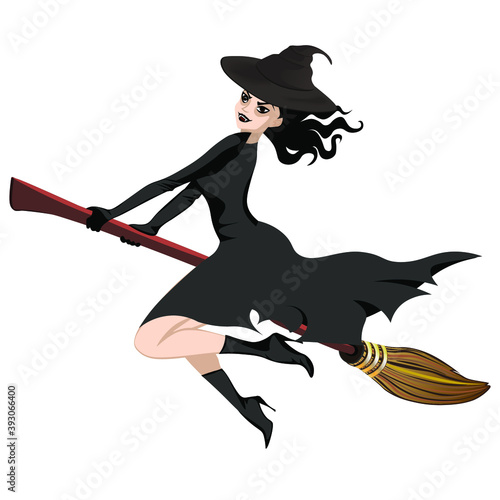 The scary evil witch flies on a magic broomstick. Baba Yaga. Vector illustration
