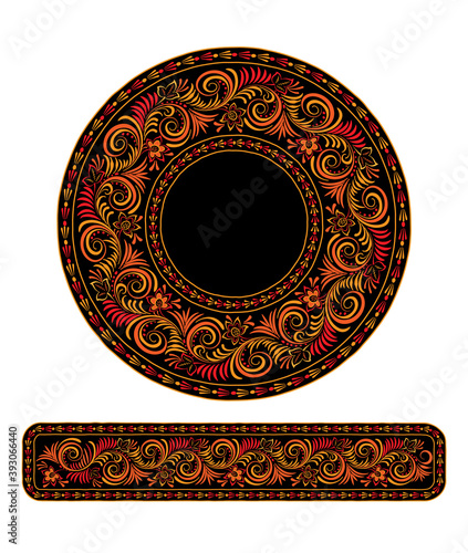Round ornamental pattern and seamless border in Russian style.