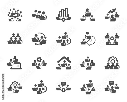 Teamwork icons. Working at home, Online Team worker, Remote office. Artificial intelligence, Growth chart, Online home job icons. Remote team work, people study, programmers. Vector