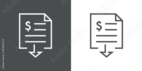 Icono factura con flecha y con símbolo del dólar con lineas en fondo gris y fondo blanco photo