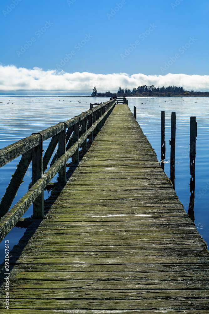 Obraz premium An old weathered wharf sticking far out into the waters of a lake. The historic Tokaanu Wharf on Lake Taupo, New Zealand