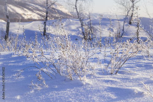 The Tsaryov Kurgan (Tsaryov Hill) in winter. The Middle Volga region, Samara, Russia. The Sok Mountains can be seen in the far.