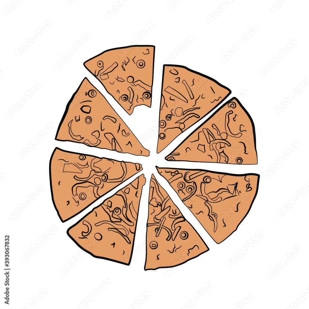 Isolated pizza on a white background. Pizza icon. Pizza with a bitten slice. Isolated pizza on a white background. Pizza icon. Pizza with a bitten slice.