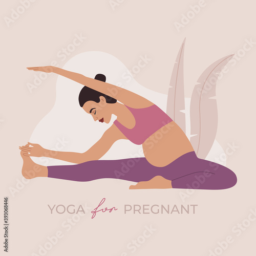 Yoga for pregnant, active young girl performing physical exercise and asana position. A healthy woman relaxes and meditates, hand drawn illustration in modern flat cartoon style, pink colors isolated