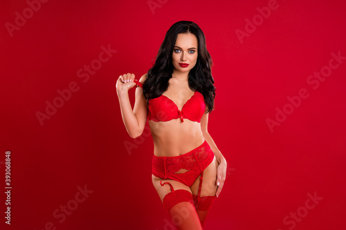 Photo of gorgeous brown hairdo girl snow maiden taking off bra wear bright under cloth isolated on red background