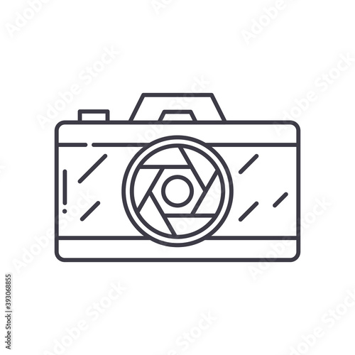 Compact camera concept icon, linear isolated illustration, thin line vector, web design sign, outline concept symbol with editable stroke on white background.
