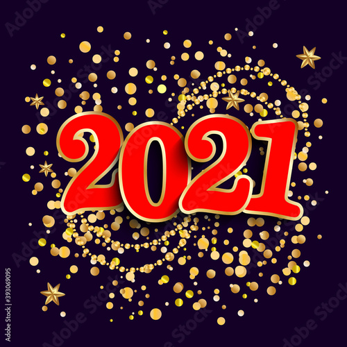Happy new year design layout on white background with 201721. Gold confetti, stars,balls. Vector illustration