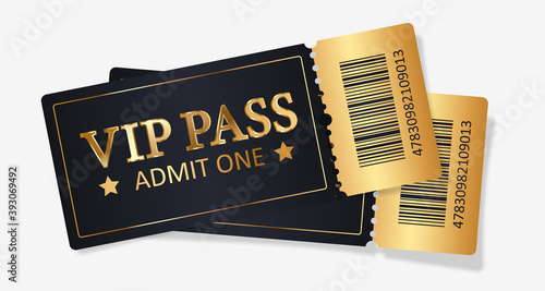 Gold ticket VIP pass, admit one for concert, party, cinema, theatre with golden text, letters and barcode. Vector illustration on white background for advertising, promotion, banner, poster.