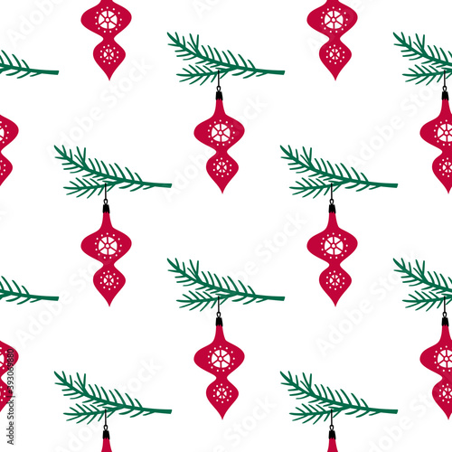 Seamless patterns. Christmas tree toy on a spruce branch. New Year's illustration.