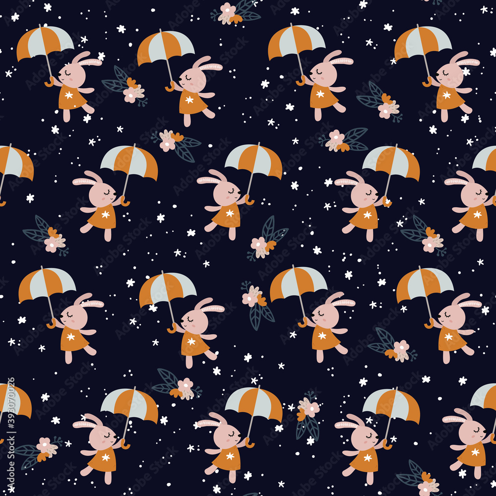 Cute bunny dancing with umbrella seamless pattern. Flat vector hand drawn cartoon Cute bunny dancing with umbrella seamless pattern. Flat vector hand drawn cartoon